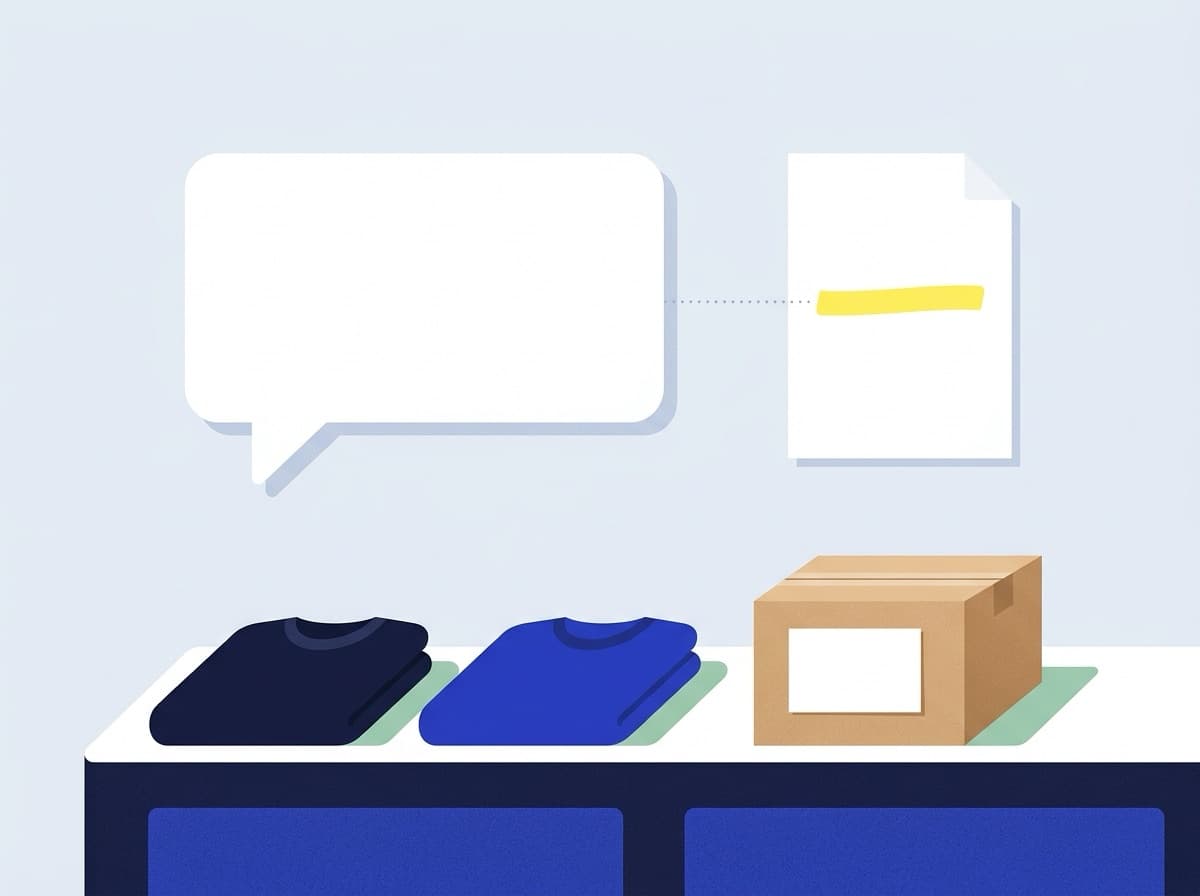 A shop counter with folded sweaters and a parcel, and a chat bubble linked to a highlighted line in a policy sheet